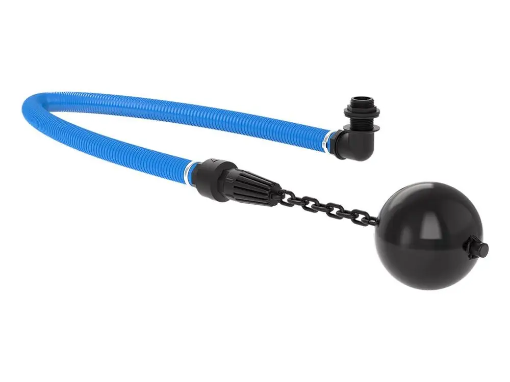 Blaues Saugschlauch-Zubehör mit einem schwarzen Schwimmer und einer Kette, geeignet für die Verwendung mit Grundfos SCALA1 Pumpensystemen.